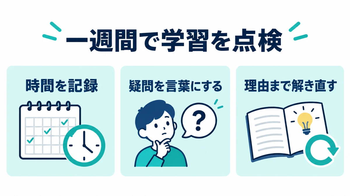 最初の一週間で、時間・理解・演習のどこで止まるかを記録する